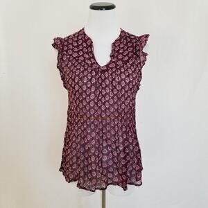 Lucky Brand Flutter Sleeve Burgundy Sheer Blouse S